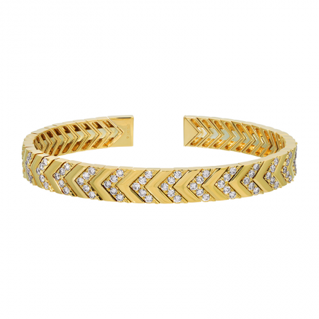 14k Yellow Gold Diamond Herringbone Flexible Cuff Bangle