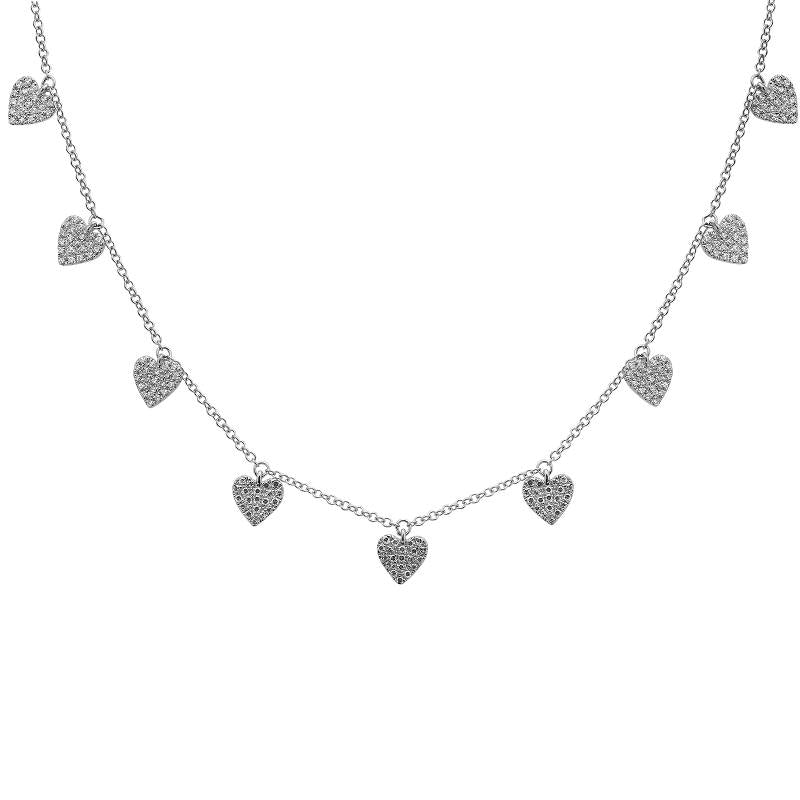14K White Gold Hanging Diamond Hearts Necklace