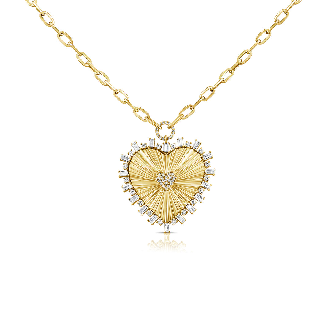 14K Gold Large Diamond Heart with Baguette Diamonds and Paperclip Chain Necklace
