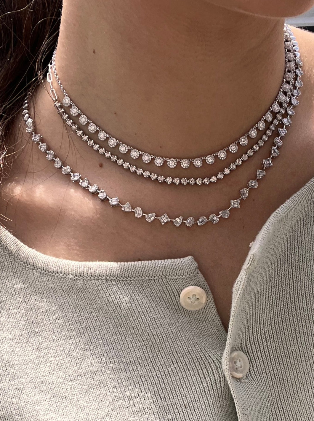 14K White Gold Multi Diamond Baguette Necklace