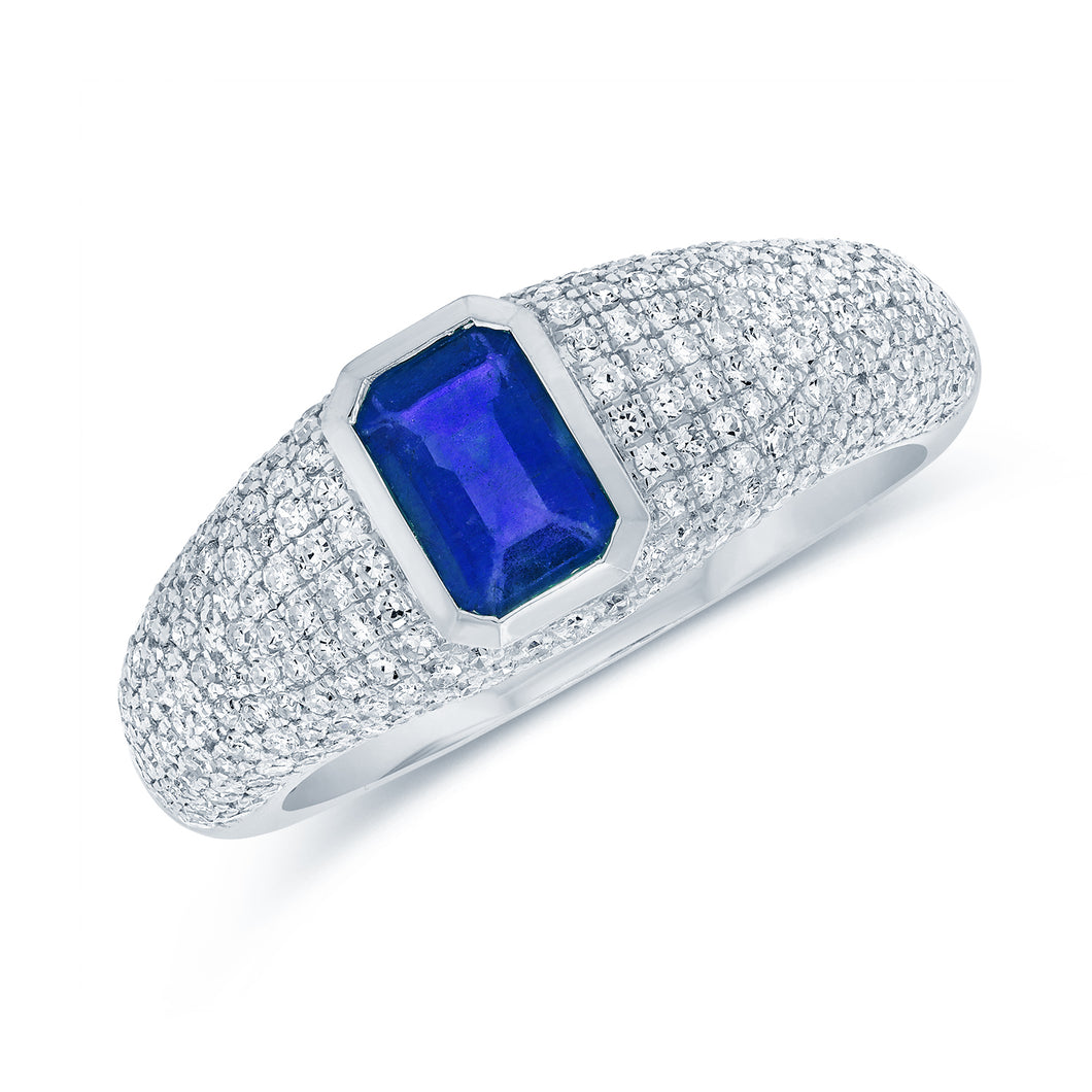 14K White Gold and Diamond Bezeled Sapphire Signet Ring