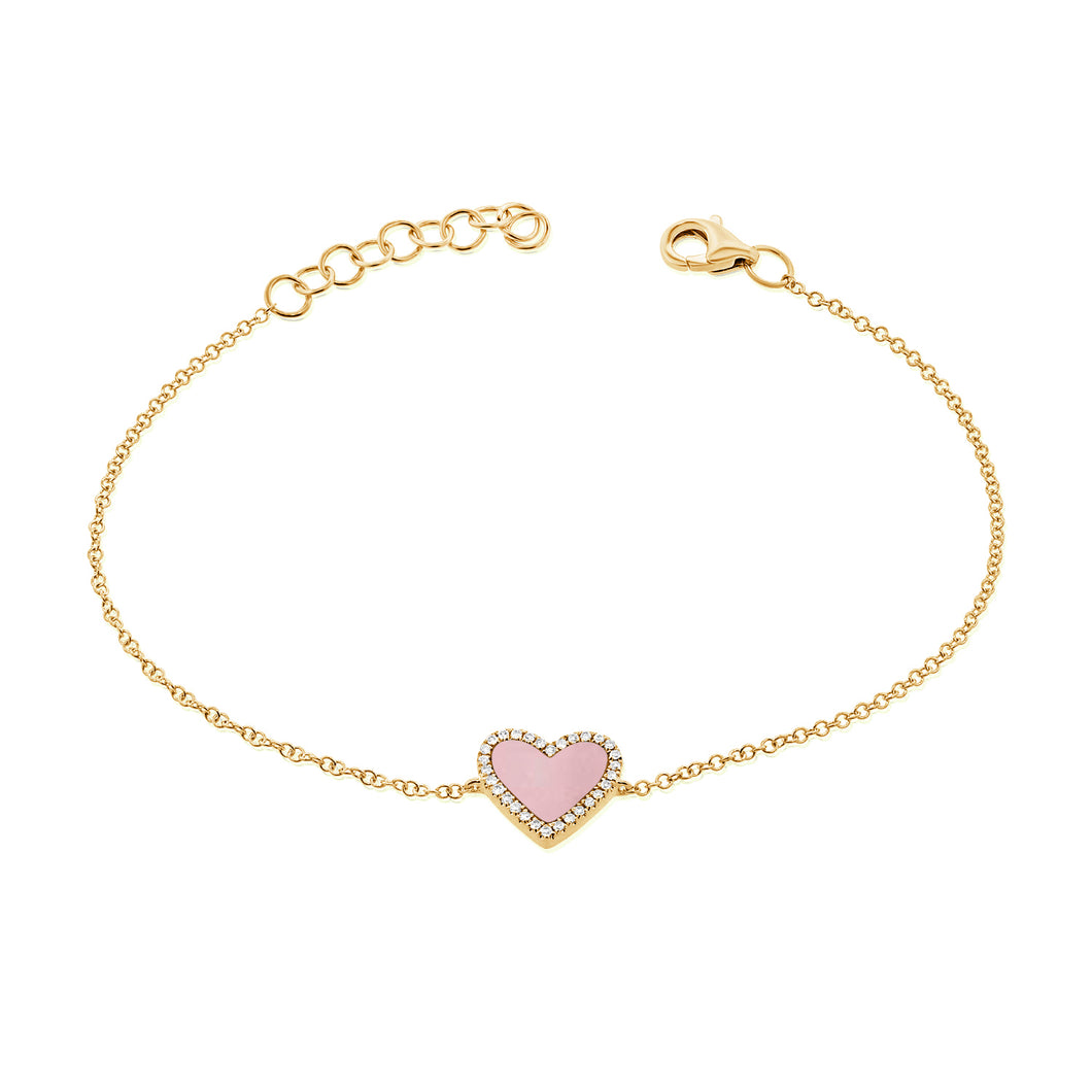 14K Gold Diamond Pink Opal Heart Bracelet