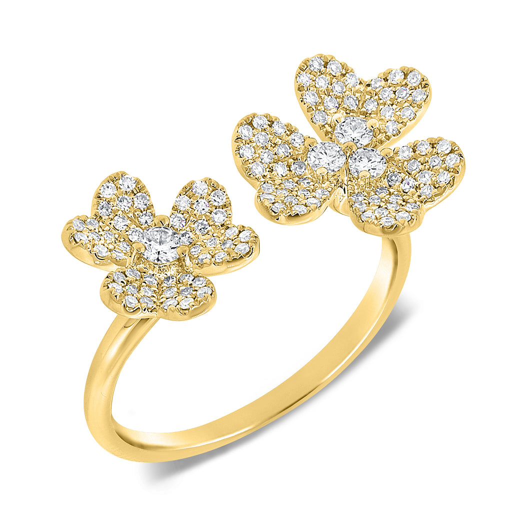 14K Gold Diamond Double Flower Open Ring
