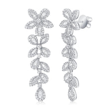 Load image into Gallery viewer, 14K White Gold Baguette Diamond Flower Drop Earrings