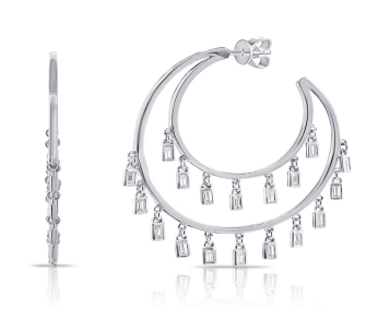 14K White Gold and Dangling Baguette Hoops
