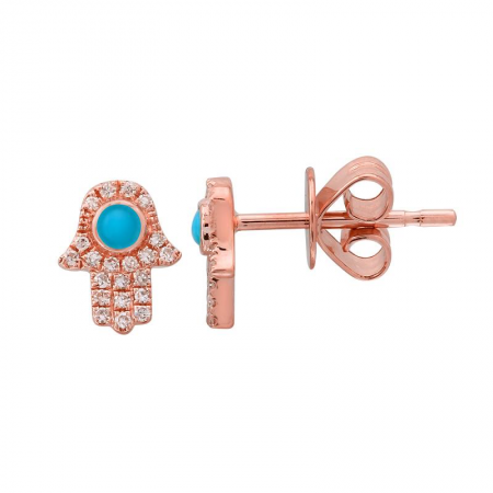 14K Gold Turquoise Hamsa Stud Earrings (Second Hole Only)