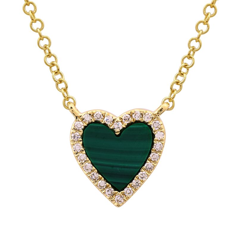 14K Yellow Gold Malachite Diamond Heart Necklace