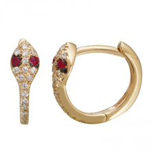 Load image into Gallery viewer, 14K Gold Snake Diamond Huggie Earrings / Ruby Eye
