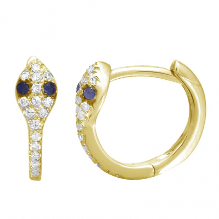 14K Gold Snake Diamond Huggie Earrings / Sapphire Eye