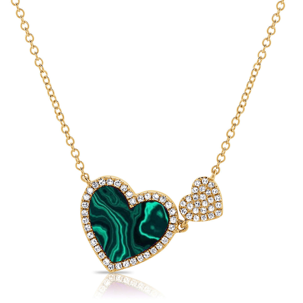 14K Gold Malachite Double Heart and Diamond Necklace