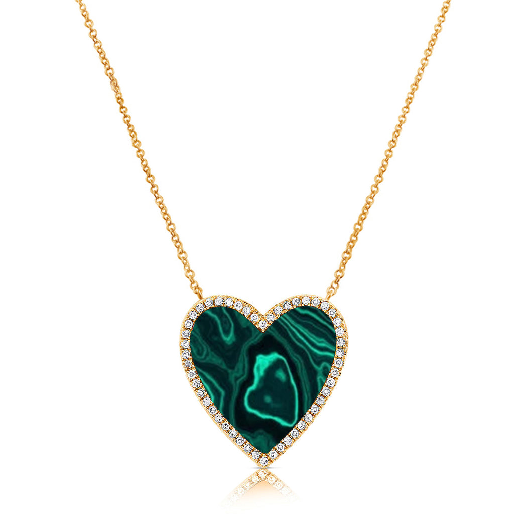 14K Gold Large Malachite and Diamond Heart Necklace
