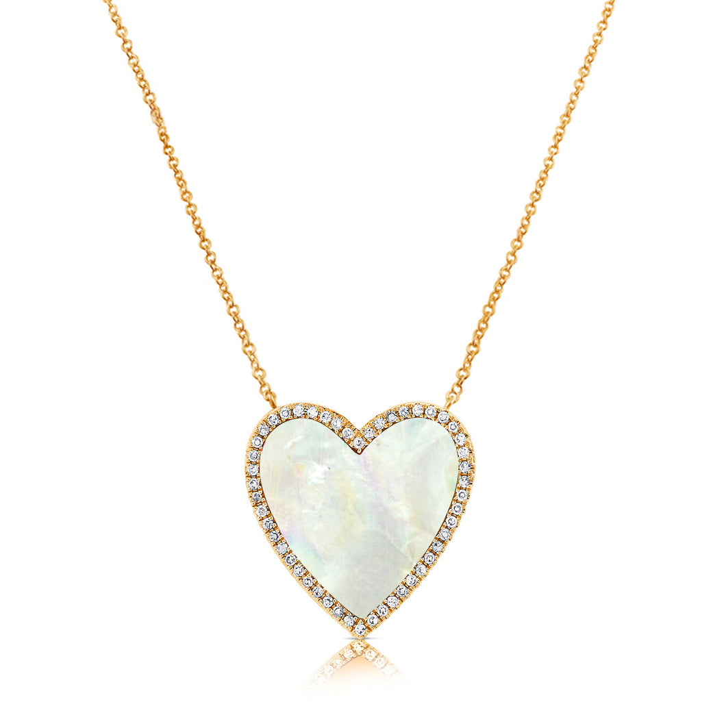 14K Gold Mother Of Pearl and Diamond Heart Necklace