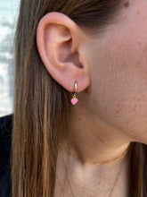 Load image into Gallery viewer, 14K Yellow Gold Hanging Pink Enamel Heart Huggie
