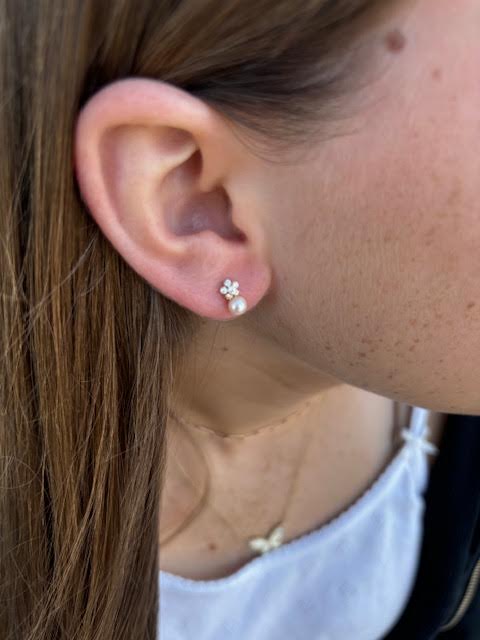 14K Yellow Gold Kids Pearl with Flower Earrings