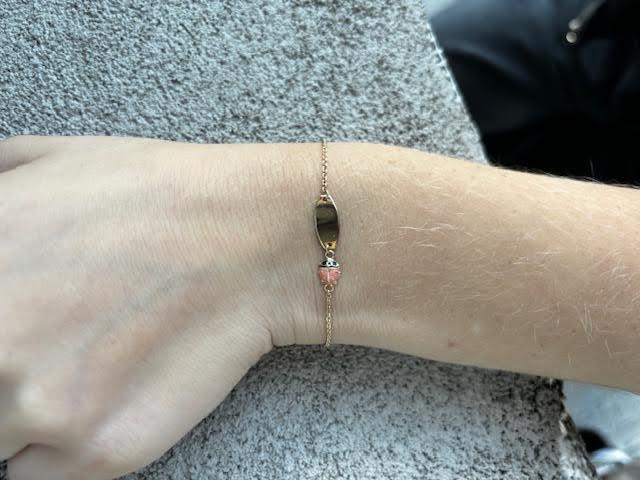 14K Yellow Gold Pink Enamel Ladybug Nameplate Bracelet