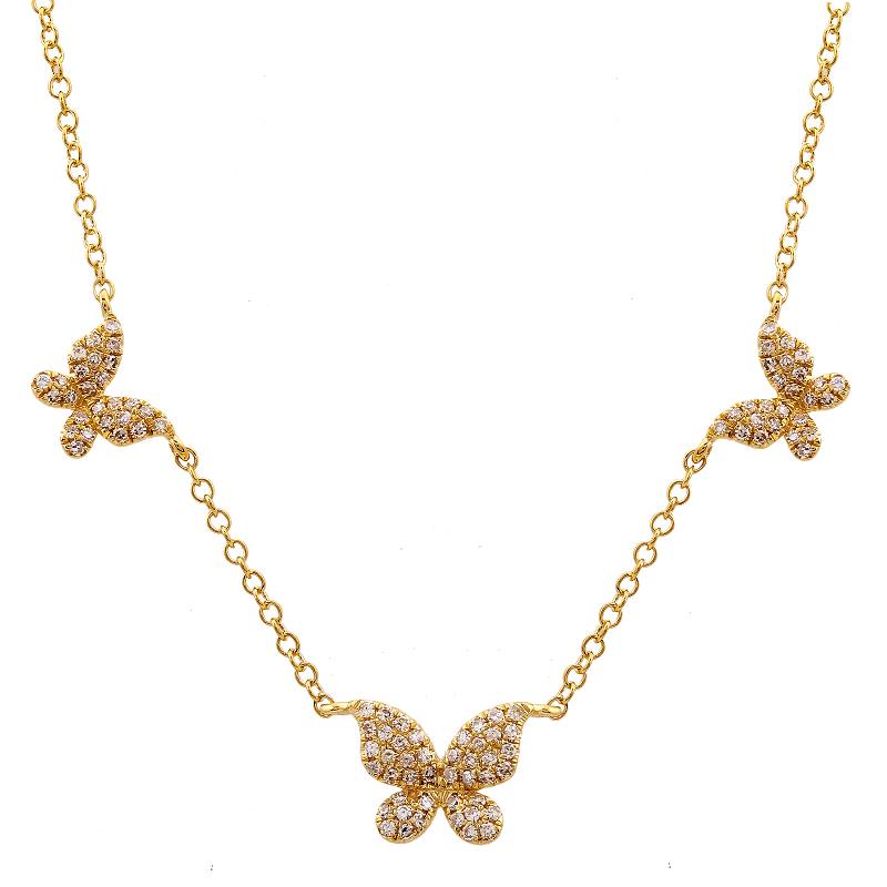 14K Yellow Gold Triple Diamond Butterfly Necklace