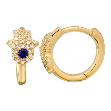 14k Yellow Gold Sapphire Hamsa Huggie Earrings