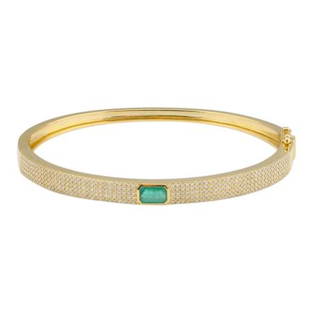 14K Yellow Gold Diamond Emerald Shape Color Stone Bangle