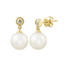 Load image into Gallery viewer, 14K Gold Diamond Bezel Pearl Drop Earrings
