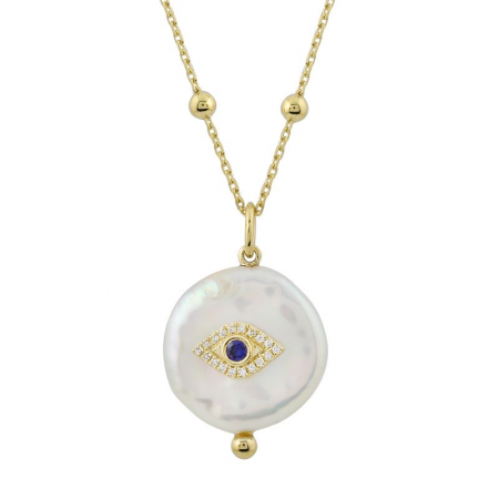 14K Yellow Gold Pearl Diamond Evil Eye Necklace