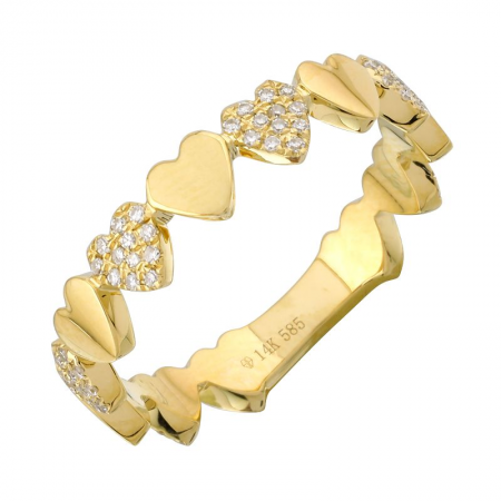 14k Yellow Gold Alternated Pave Heart Diamond Ring