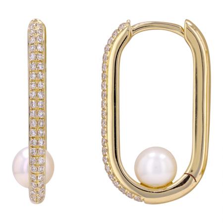 14K Yellow Gold Rectangle Diamond & Pearl Huggies