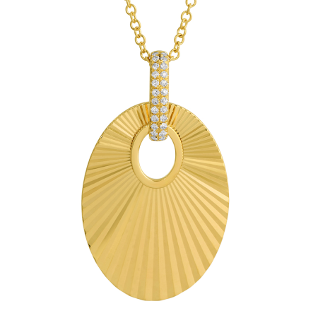 14K Yellow Gold Diamond Fluted Oval Disc Necklace