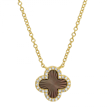 14K Yellow Gold Black Mother of Pearl Diamond Clover Necklace