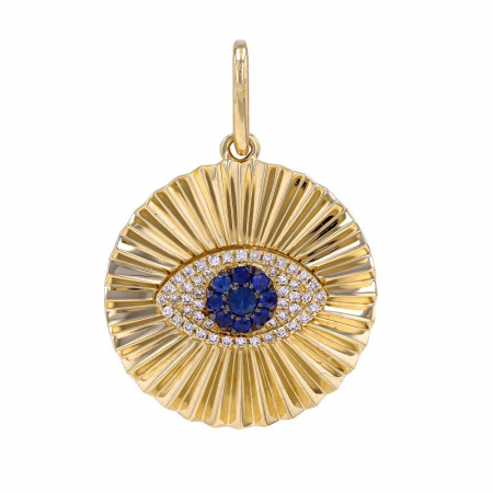14 Yellow Gold Sapphire Evil Eye Fluted Disc Necklace Charm