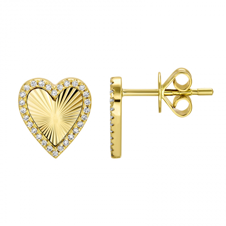 14K Yellow Gold Fluted Diamond Heart Studs