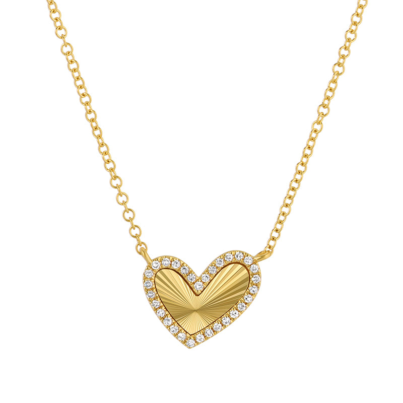 14K Yellow Gold Diamond Fluted Unique Heart Necklace