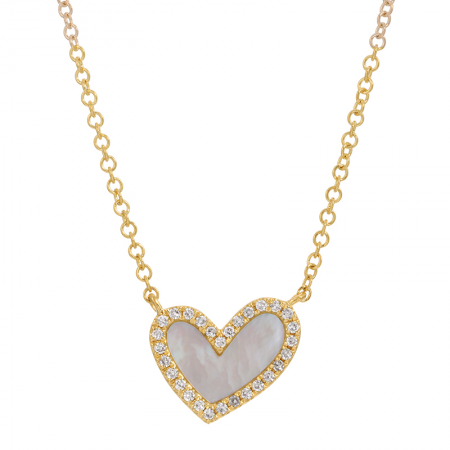 14K Yellow Gold Diamond Mother of Pearl Unique Heart Necklace