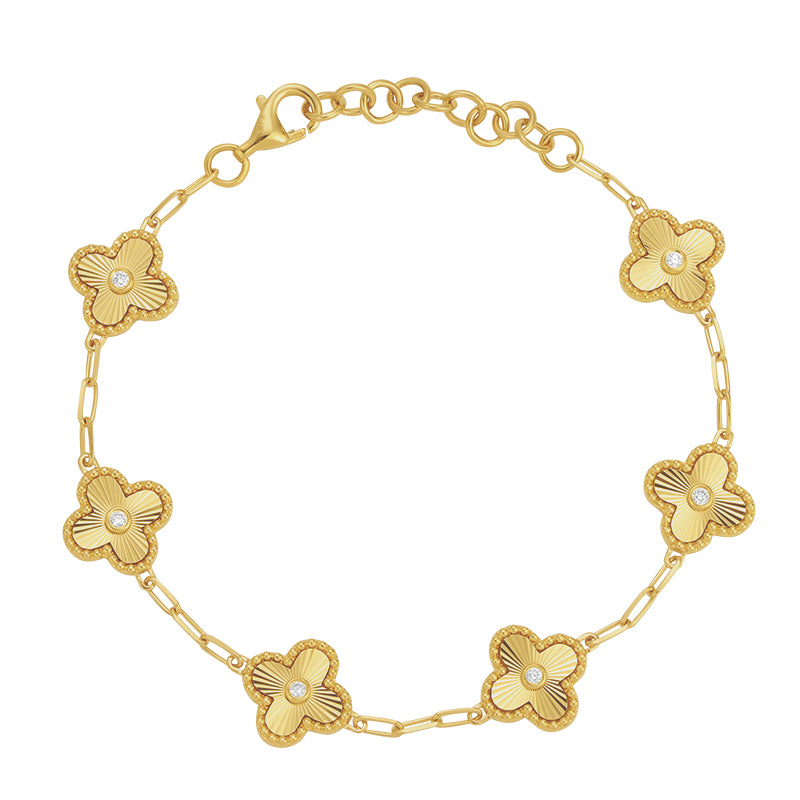 14K Yellow Gold Fluted Clover Diamond Bracelet