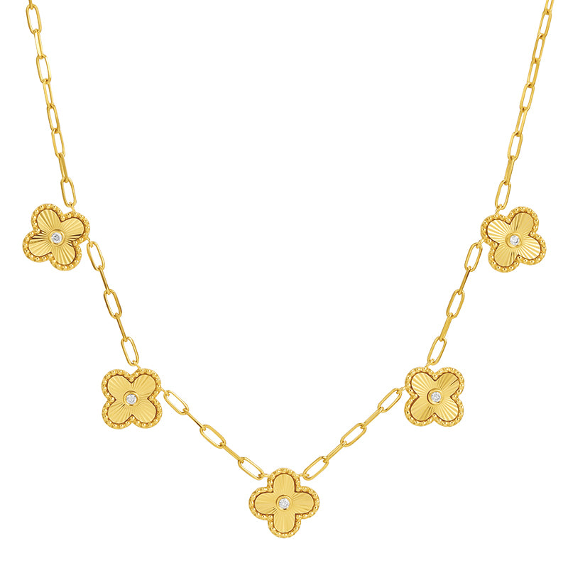 14K Yellow Gold Diamond Fluted Clover Necklace
