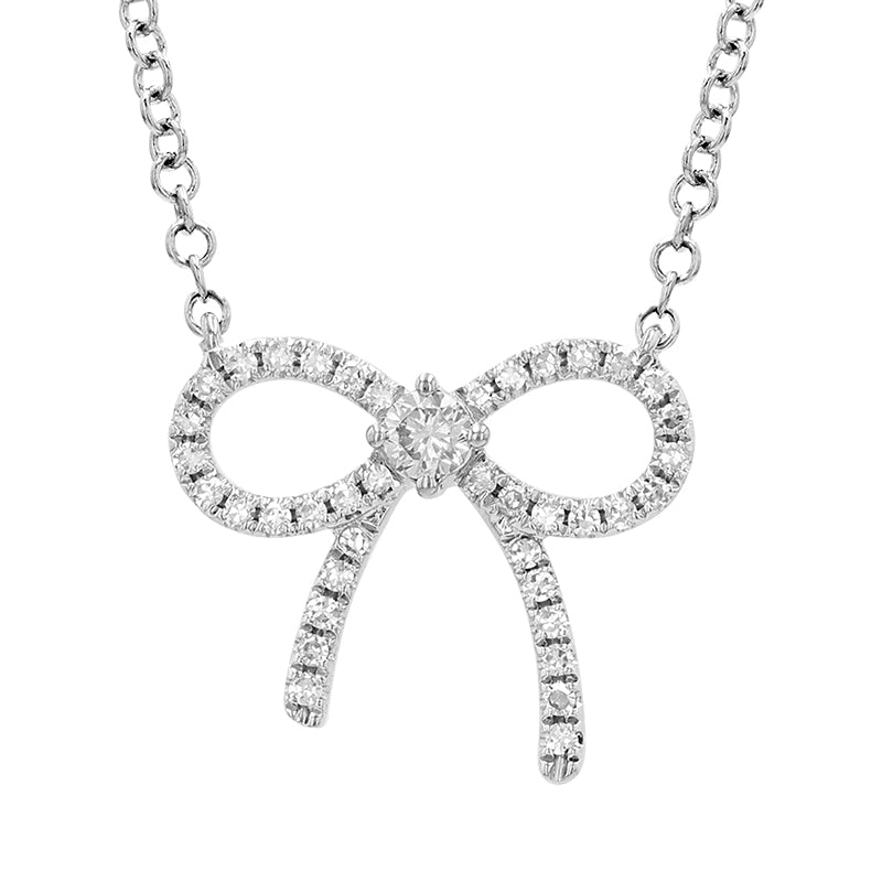 14K Gold and Diamond Bow Necklace With Full Cut Center