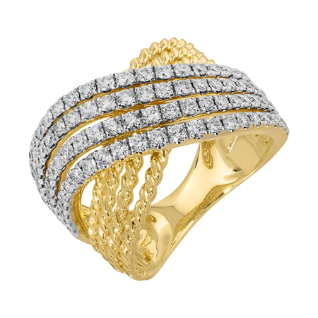 14K Yellow Gold Diamond Beaded Crossover Ring