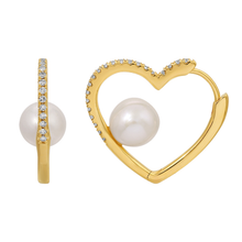 Load image into Gallery viewer, 14K Yellow Gold Diamond Pearl Heart Hoop Earrings
