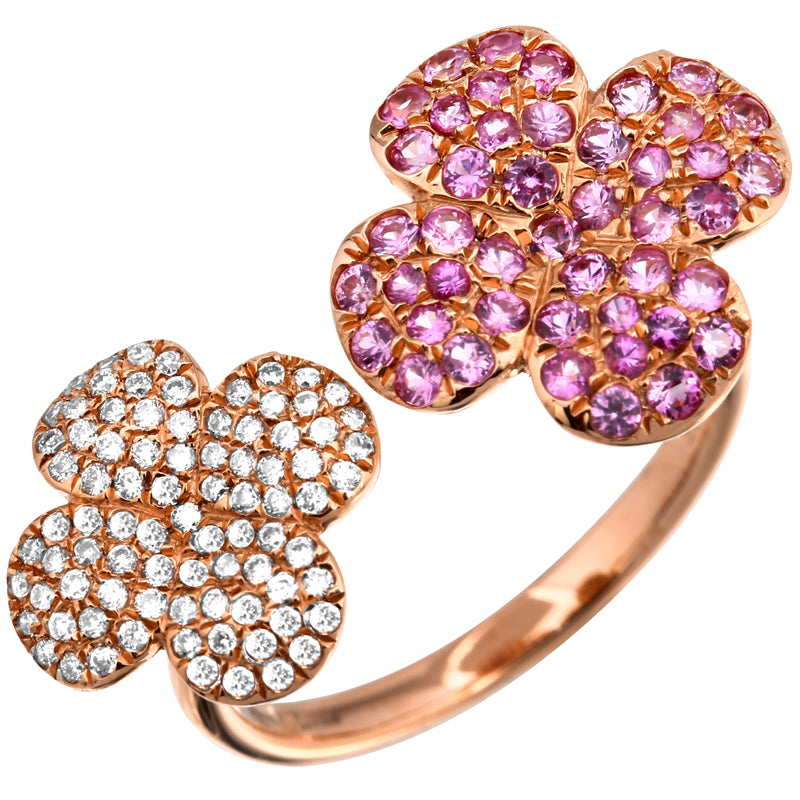 14K Rose Gold Diamond Double Flower Pink Sapphire Open Ring