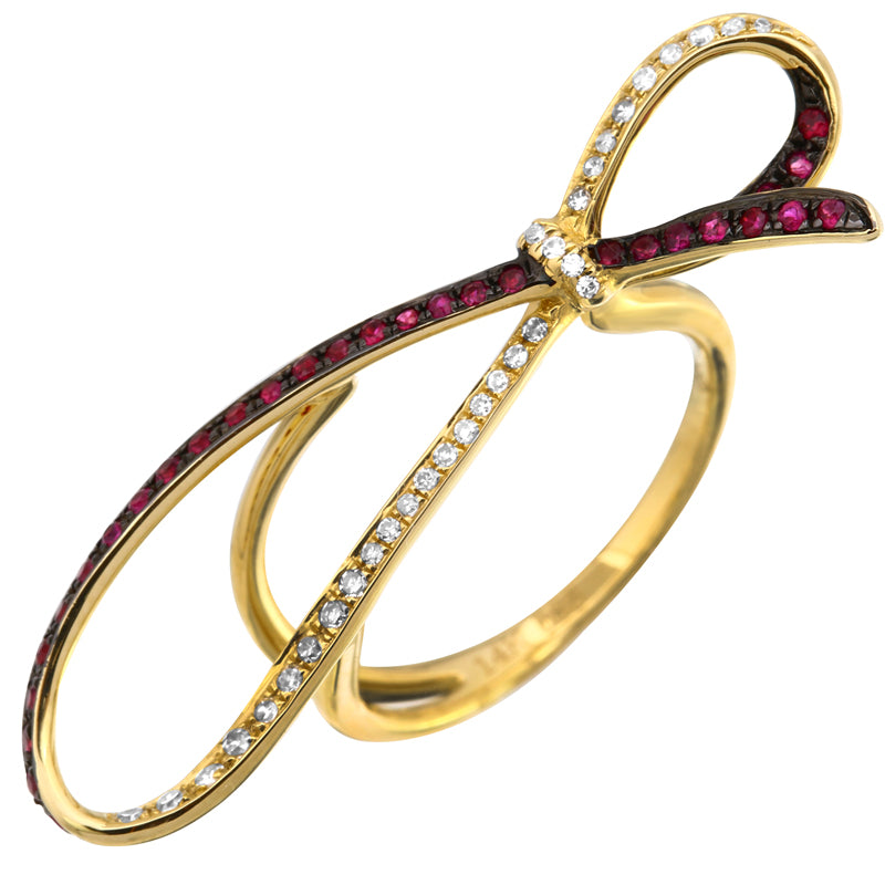 14K Yellow Gold Ruby and Diamond Bow Ring