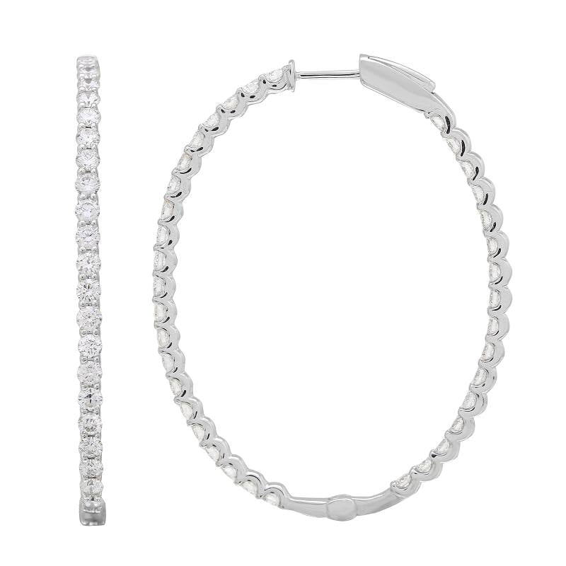 14K White Gold Diamond Oval Hoop Earrings
