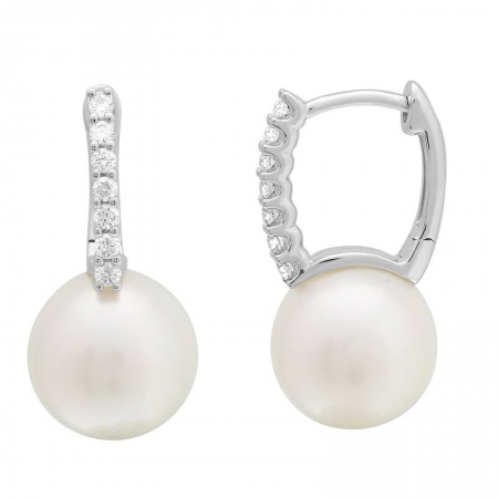 14K White Gold Diamond Oval Pearl Earrings