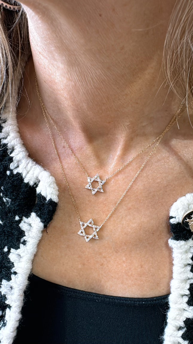 14K Yellow Gold Diamond Baguette Large Star of David Necklace
