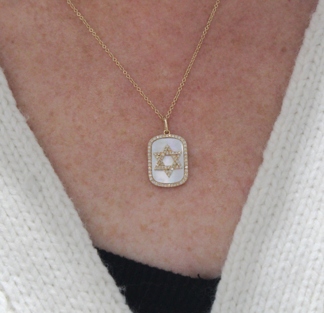 14K Yellow Gold Mother of Pearl Diamond Star of David Dog Tag Necklace