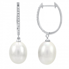 Load image into Gallery viewer, 24K White Gold Diamond Oval Pearl Drop Earring
