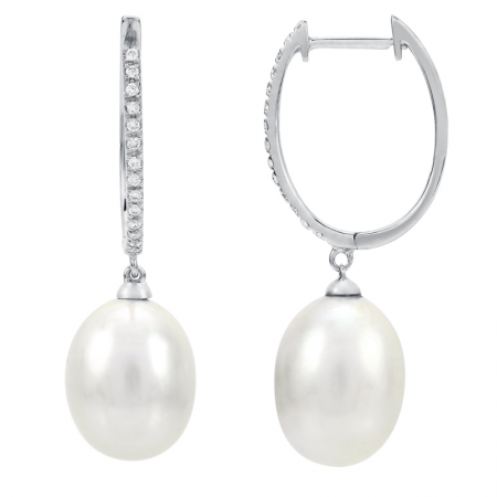 24K White Gold Diamond Oval Pearl Drop Earring