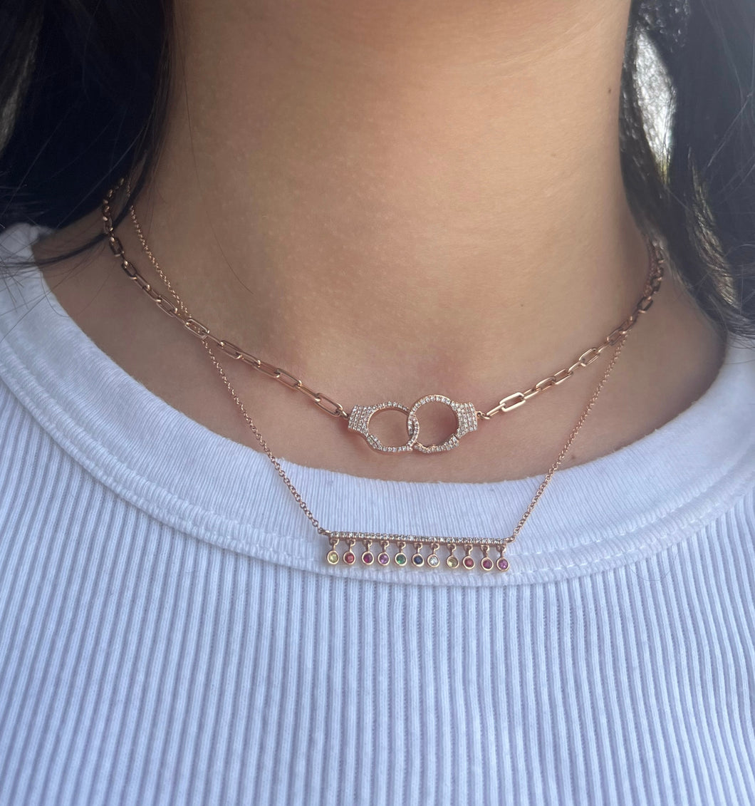 14K Rose Gold Diamond Bar with Hanging Multi-Color Stones