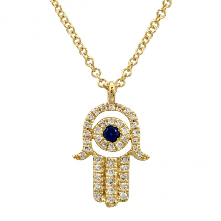 14K Yellow Gold Diamond and Sapphire Chamsa Necklace