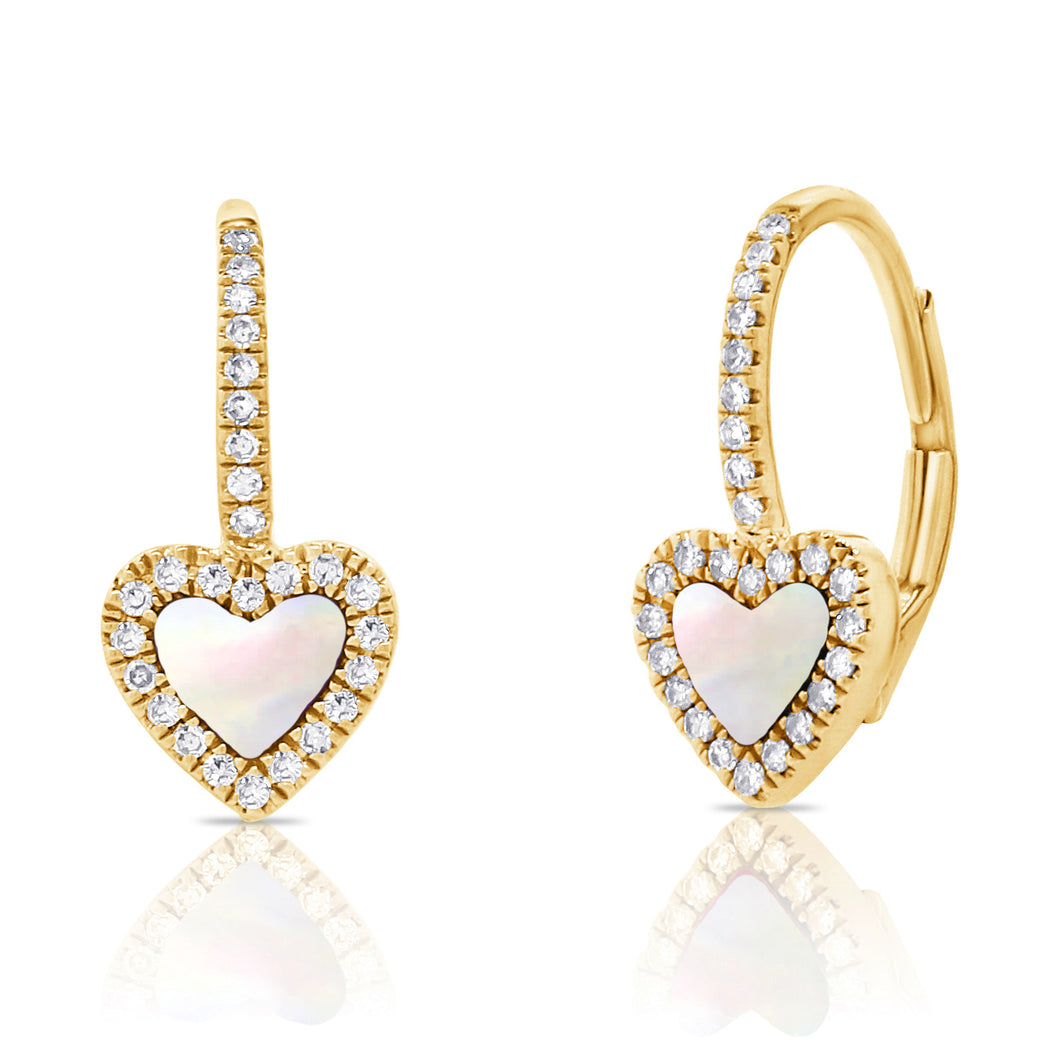 14K Yellow Gold Diamond Mother of Pearl Heart Huggies