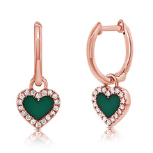 Load image into Gallery viewer, 14K Gold Malachite Hanging Heart Huggies
