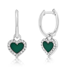 Load image into Gallery viewer, 14K Gold Malachite Hanging Heart Huggies
